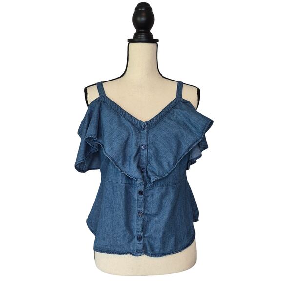 VENUS Tops - Venus Chambray Ruffle Top Dark Wash Cold Shoulder Cami Button Down Blouse Sz 10